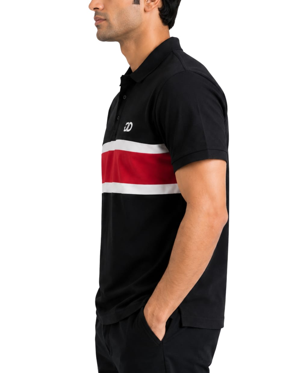 Men’s Black Piqué Polo Shirt – Red & White Stripe
