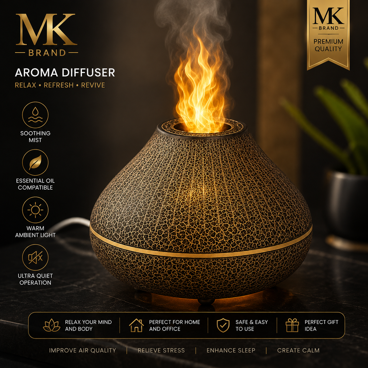 MK Premium Flame Aroma Diffuser – Volcano Mist Humidifier with LED Flame Effect