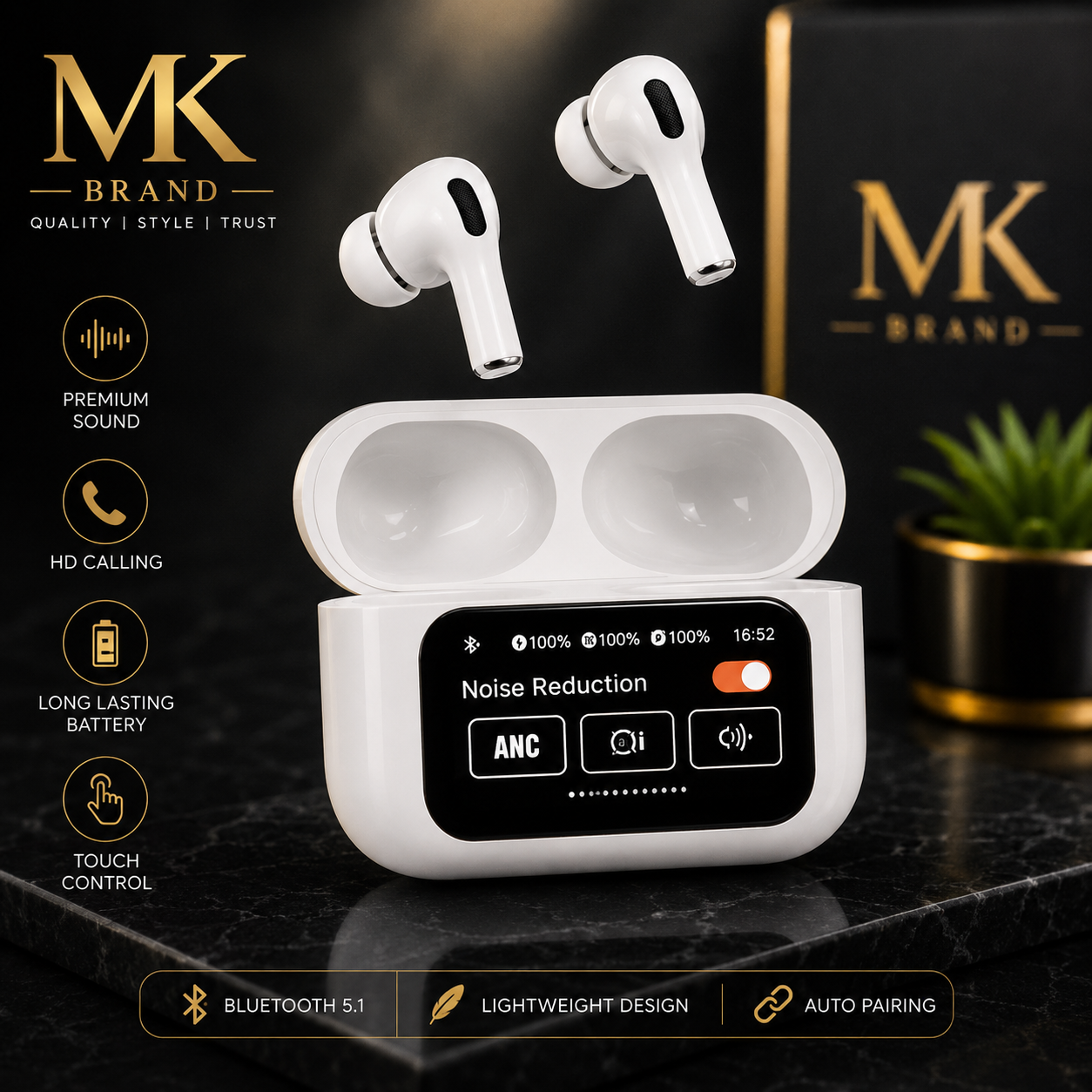 MK Touch Screen Earbuds - LED Display Wireless Earbuds with ANC