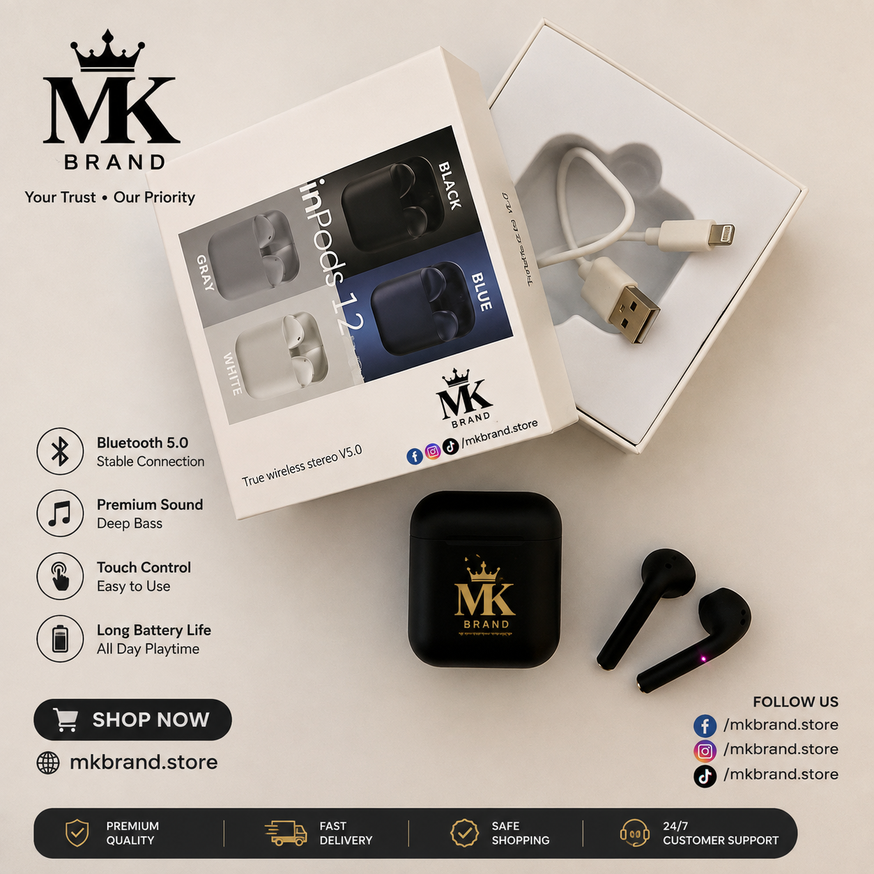 InPods 12 Wireless Bluetooth Earbuds – Twin Bluetooth Headset with Charging Case | MK Brand