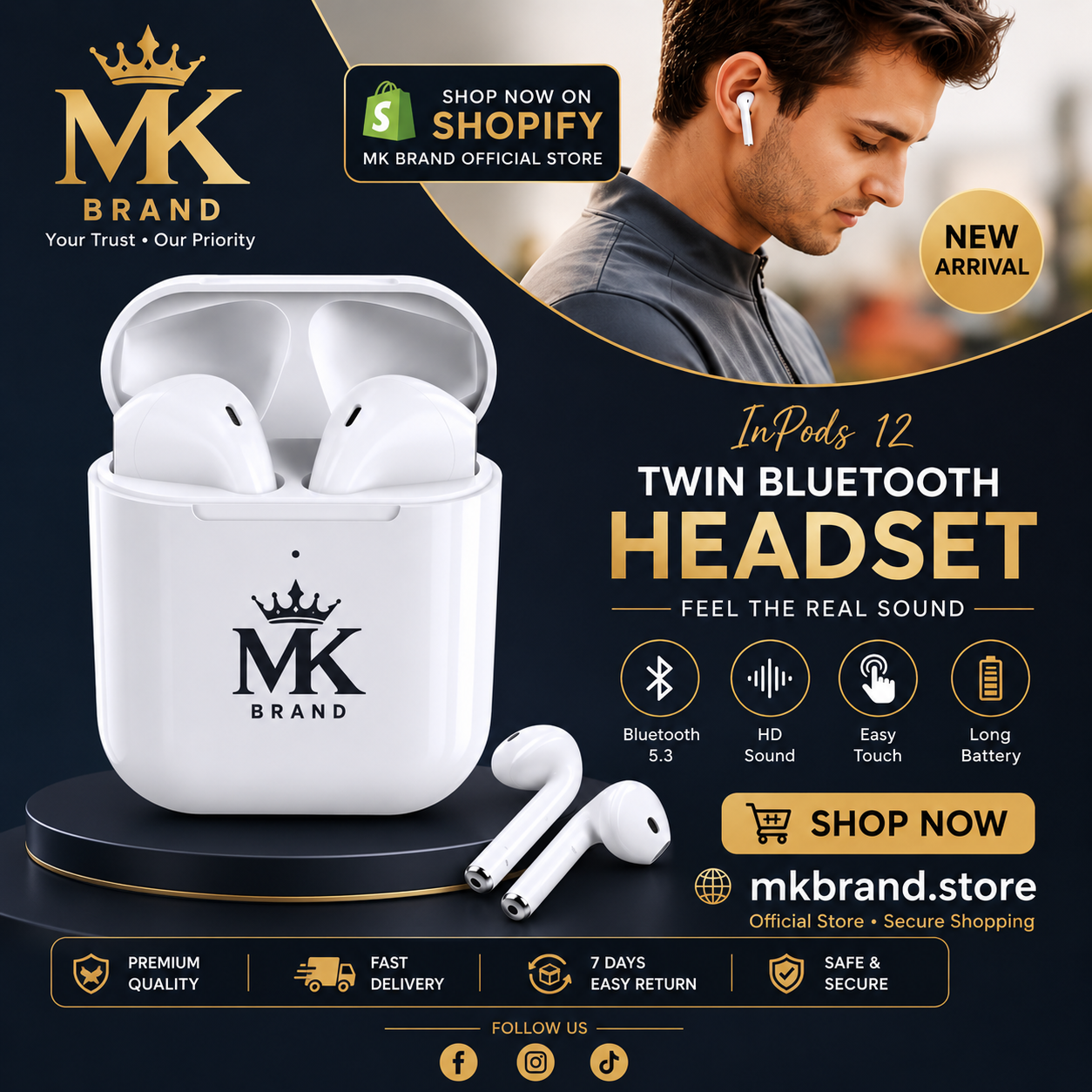 InPods 12 Wireless Bluetooth Earbuds – Twin Bluetooth Headset with Charging Case | MK Brand