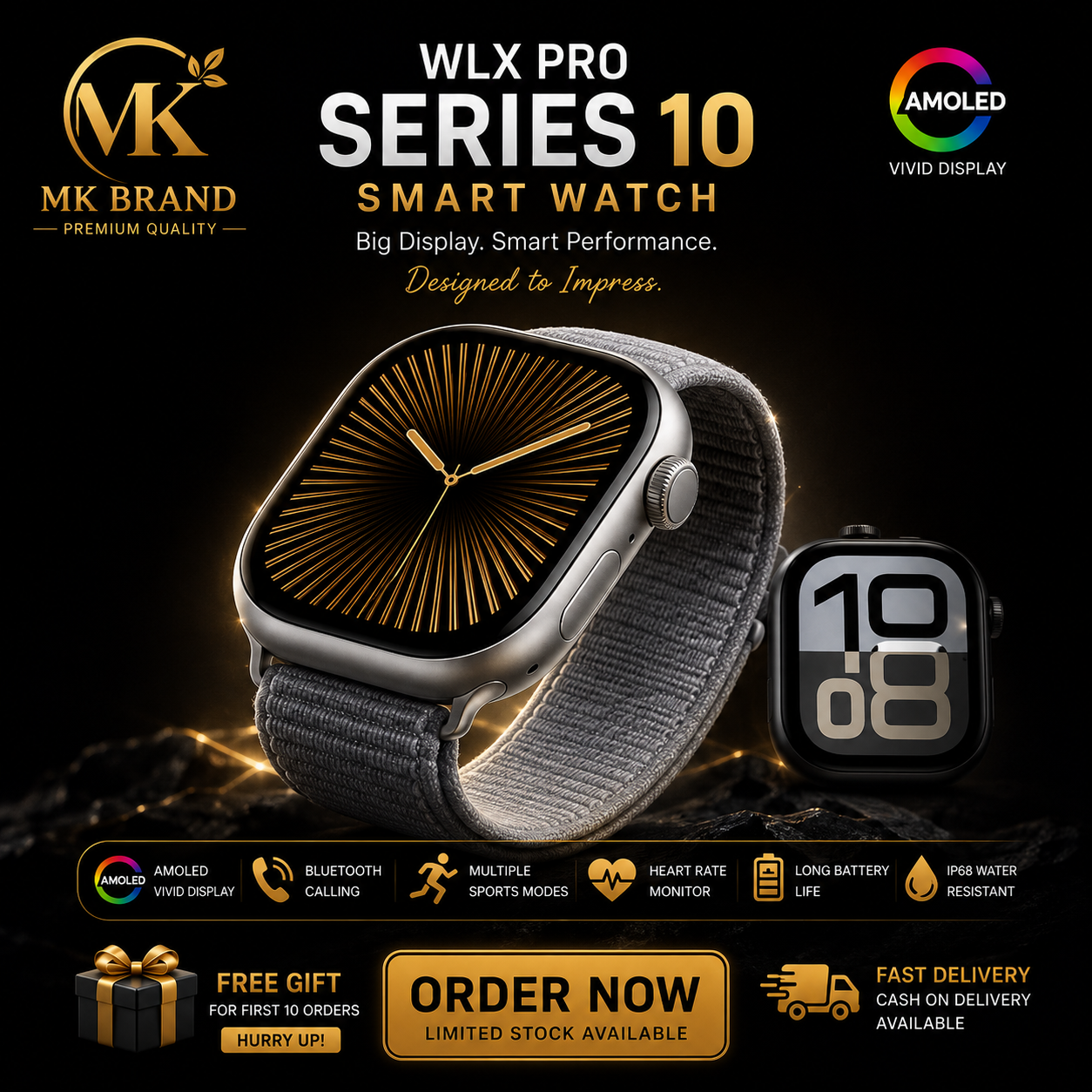 MK WLX Pro Series 10 AMOLED Smart Watch – Bluetooth Calling & IP68