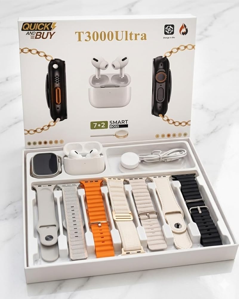 T3000 Ultra 7+2 Smart Boss Set – Smart Watch + Wireless Earbuds + 7 Premium Straps