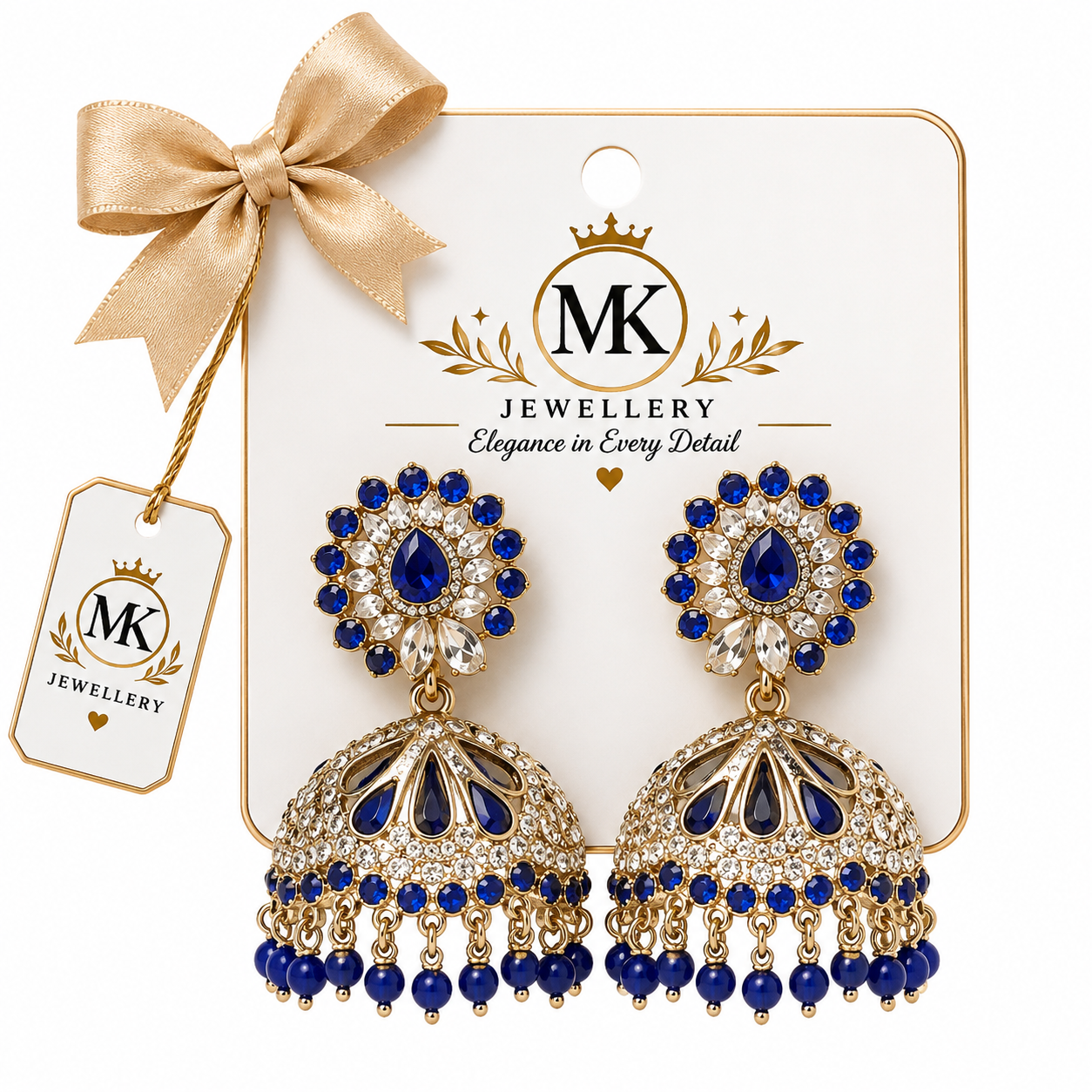 MK Royal Blue & Gold Jhumka Earrings – Premium Fashion Jewellery