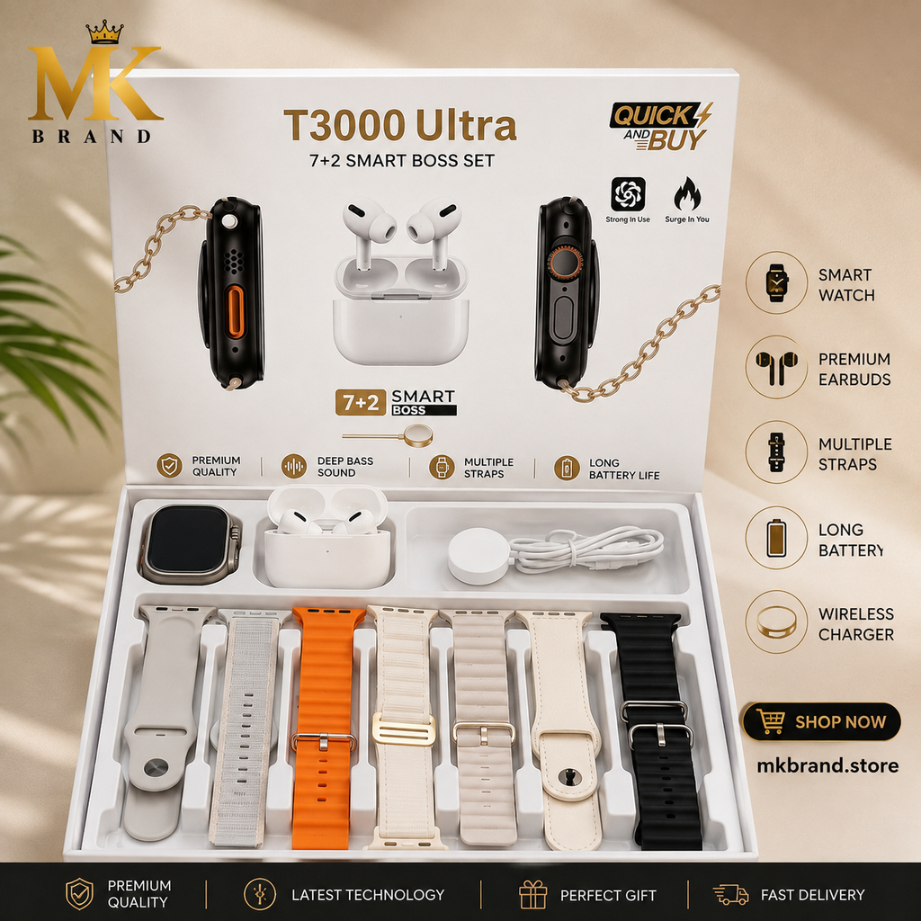 T3000 Ultra 7+2 Smart Boss Set – Smart Watch + Wireless Earbuds + 7 Premium Straps