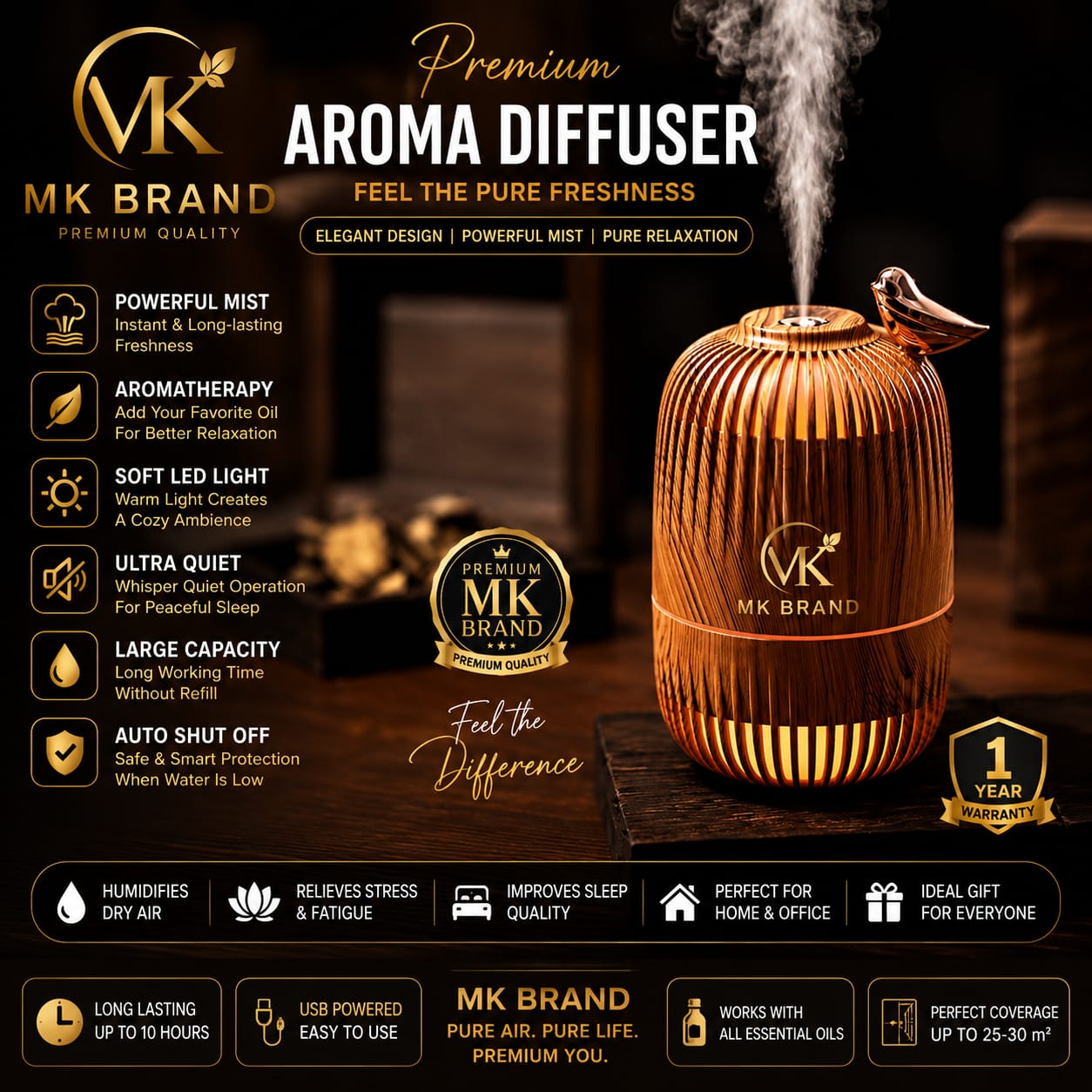 MK Premium Aroma Diffuser – Essential Oil Humidifier with LED Light