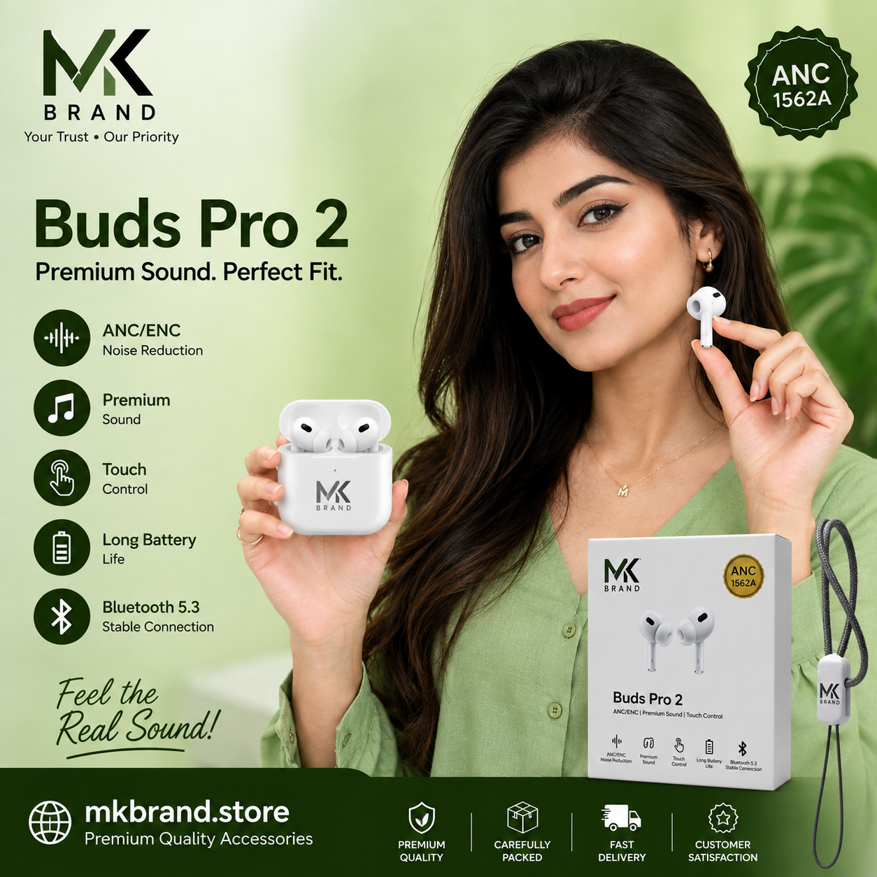 MK Brand Buds Pro 2 Wireless Bluetooth Earbuds | ANC/ENC | Touch Control