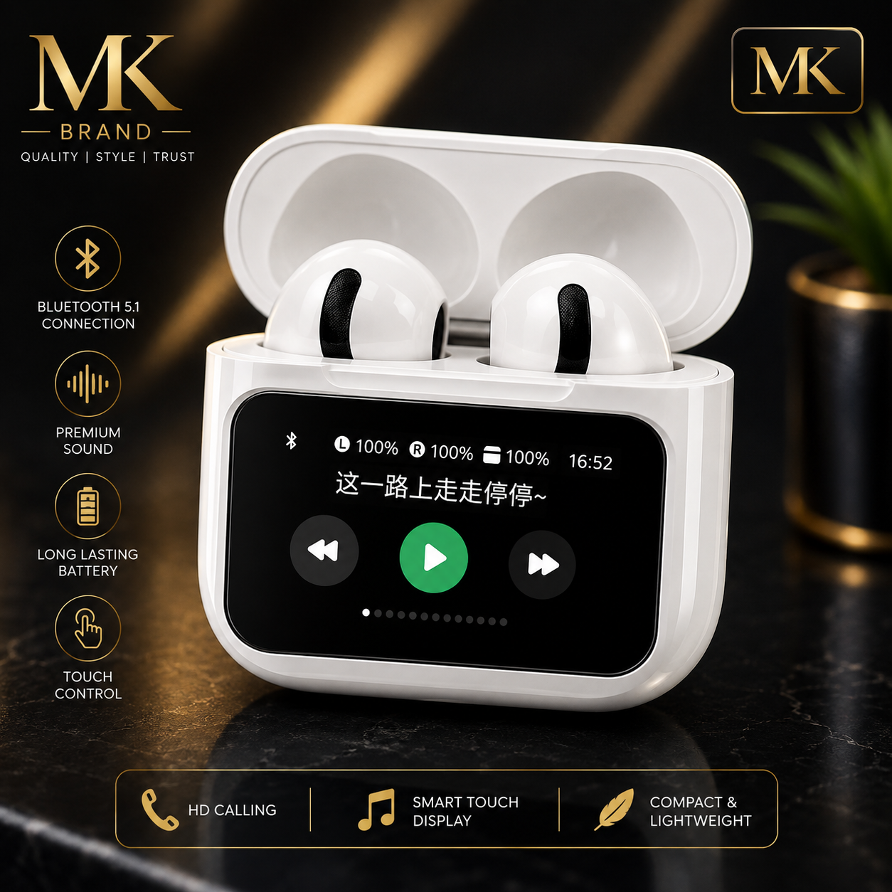 MK Touch Screen Earbuds - LED Display Wireless Earbuds with ANC