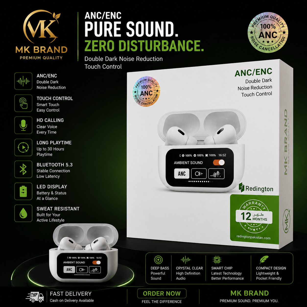 MK Touch Screen Earbuds - LED Display Wireless Earbuds with ANC