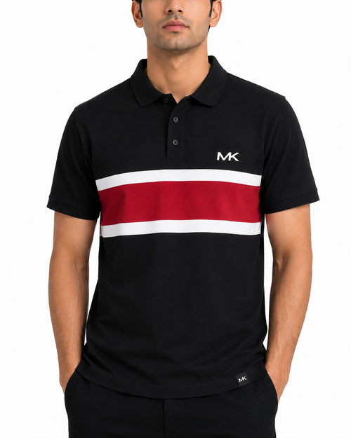 Men’s Black Piqué Polo Shirt – Red & White Stripe