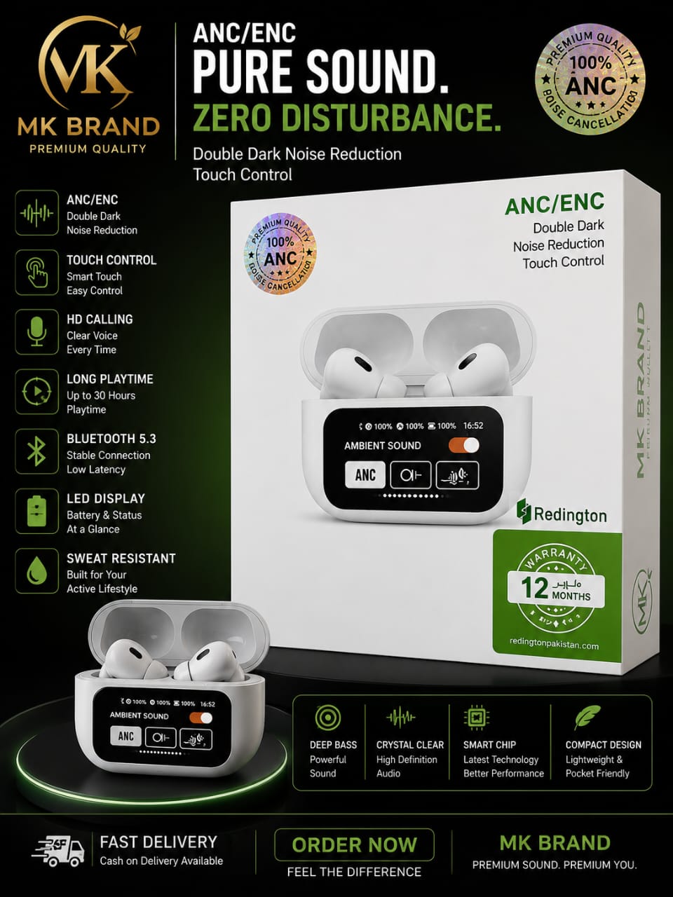 MK Touch Screen Earbuds - LED Display Wireless Earbuds with ANC
