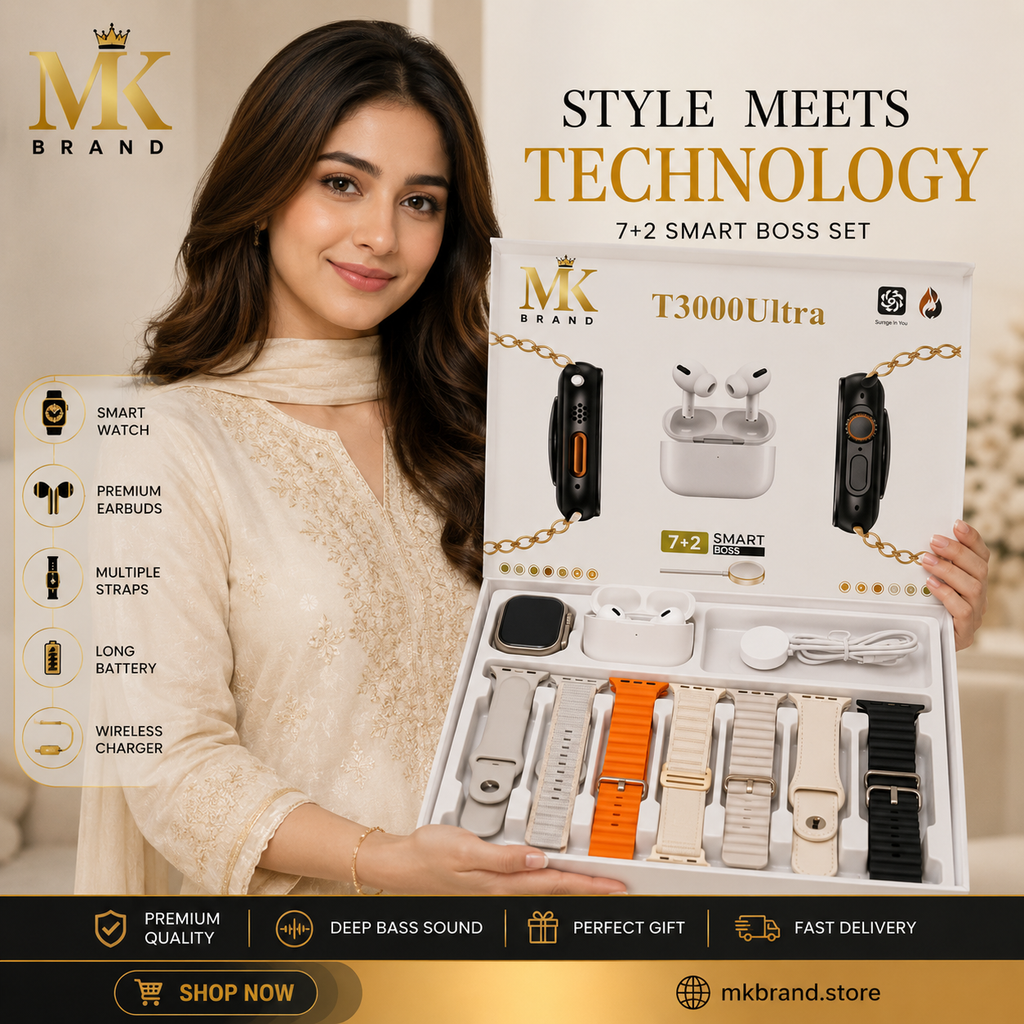T3000 Ultra 7+2 Smart Boss Set – Smart Watch + Wireless Earbuds + 7 Premium Straps