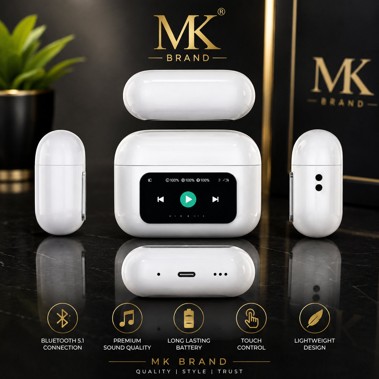 MK Touch Screen Earbuds - LED Display Wireless Earbuds with ANC