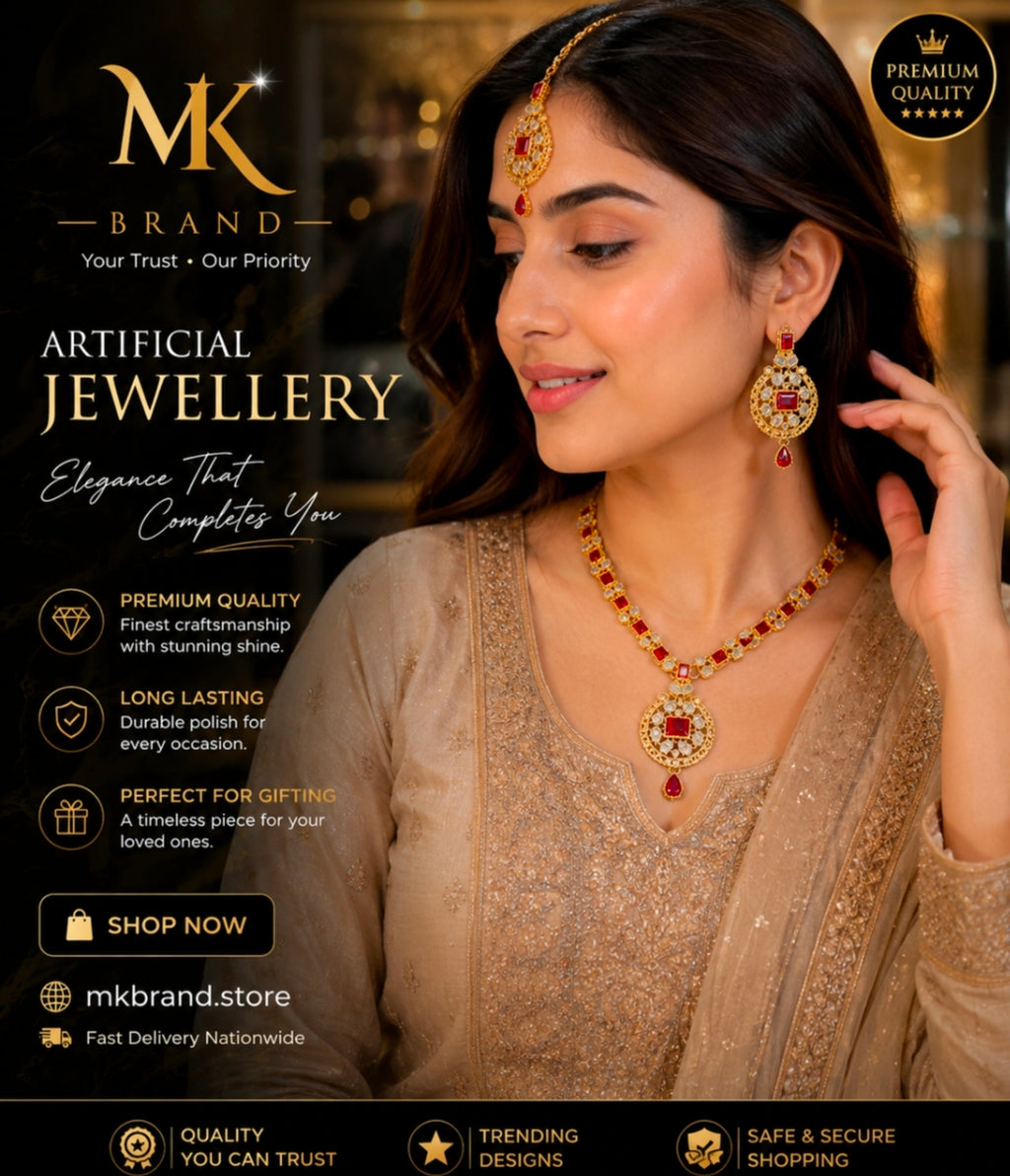 Elegant Crystal Artificial Jewellery Set – Necklace, Earrings & Tikka