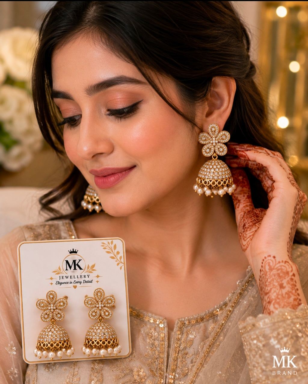 MK Golden Floral Pearl Jhumka Earrings – Elegant Fashion Jewellery