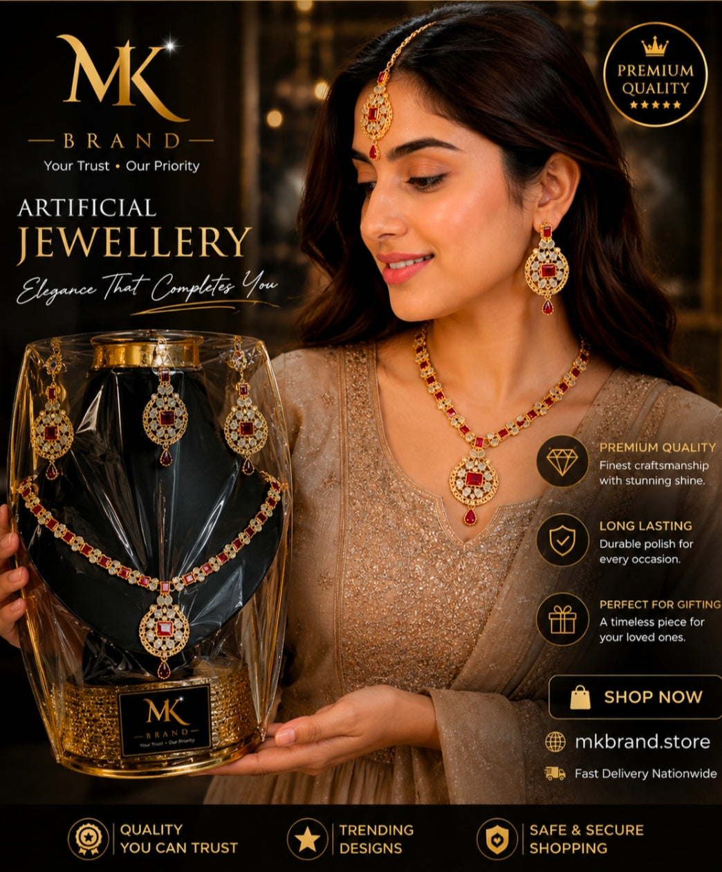 Elegant Crystal Artificial Jewellery Set – Necklace, Earrings & Tikka