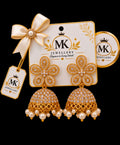 MK Golden Floral Pearl Jhumka Earrings – Elegant Fashion Jewellery