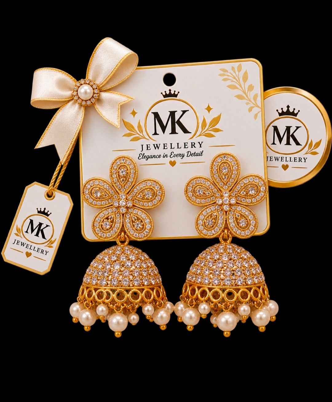 MK Golden Floral Pearl Jhumka Earrings – Elegant Fashion Jewellery