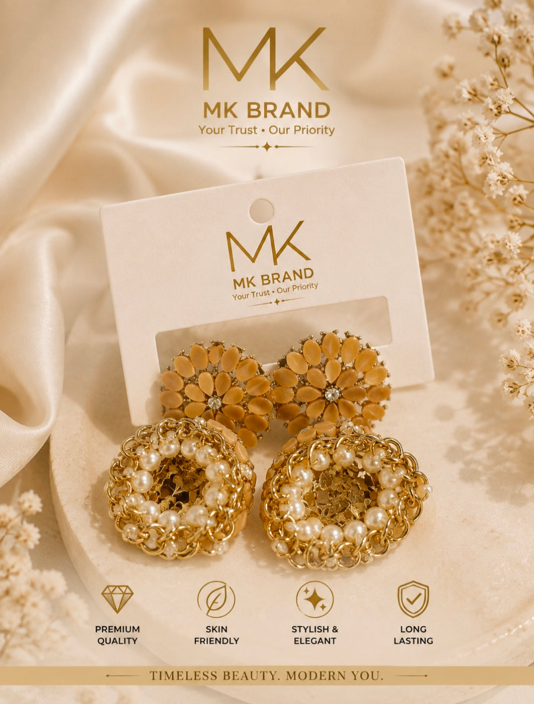 MK Elegant Gold & Pearl Statement Earrings