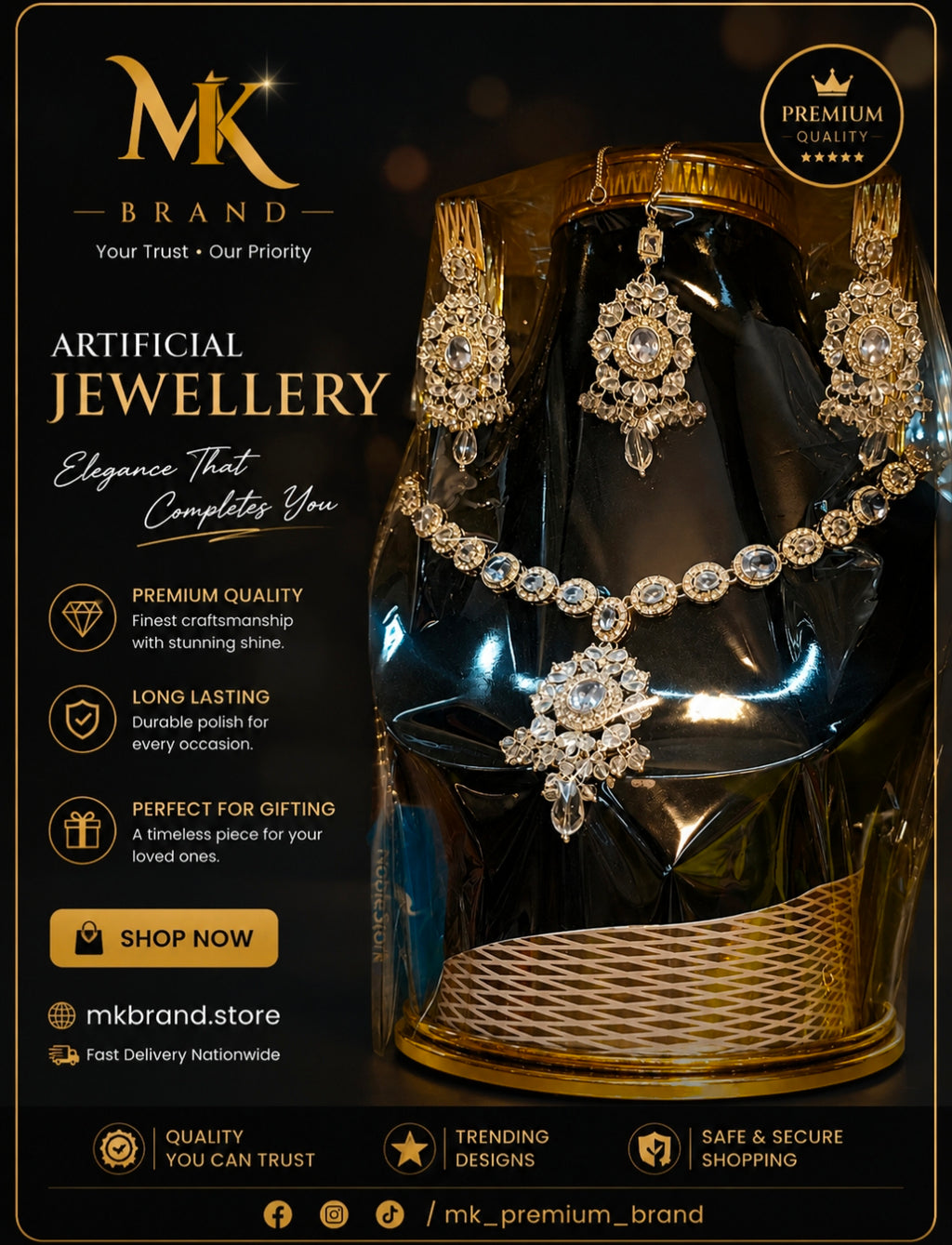 Elegant Crystal Artificial Jewellery Set – Necklace, Earrings & Tikka | MK Brand