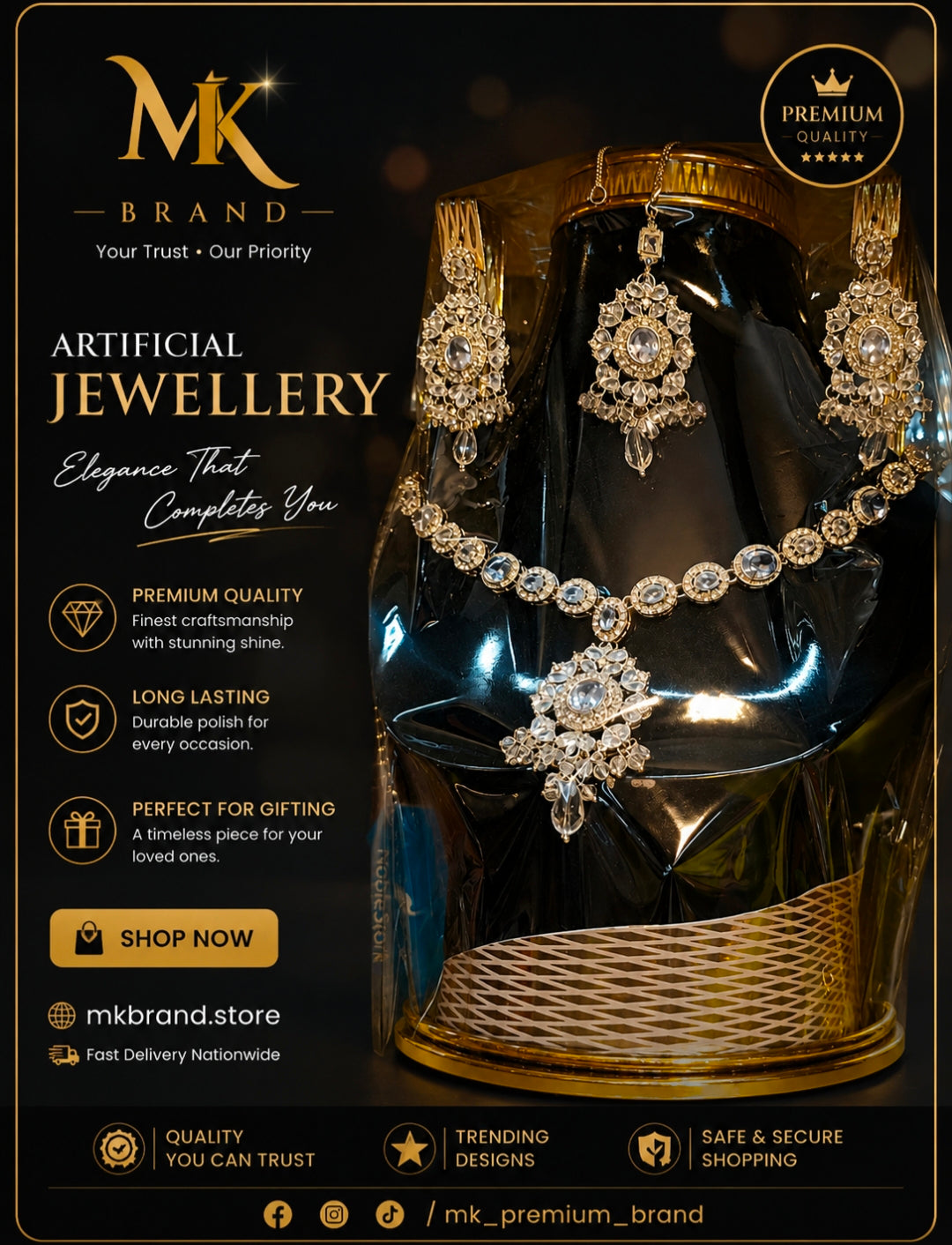 Elegant Crystal Artificial Jewellery Set – Necklace, Earrings & Tikka | MK Brand