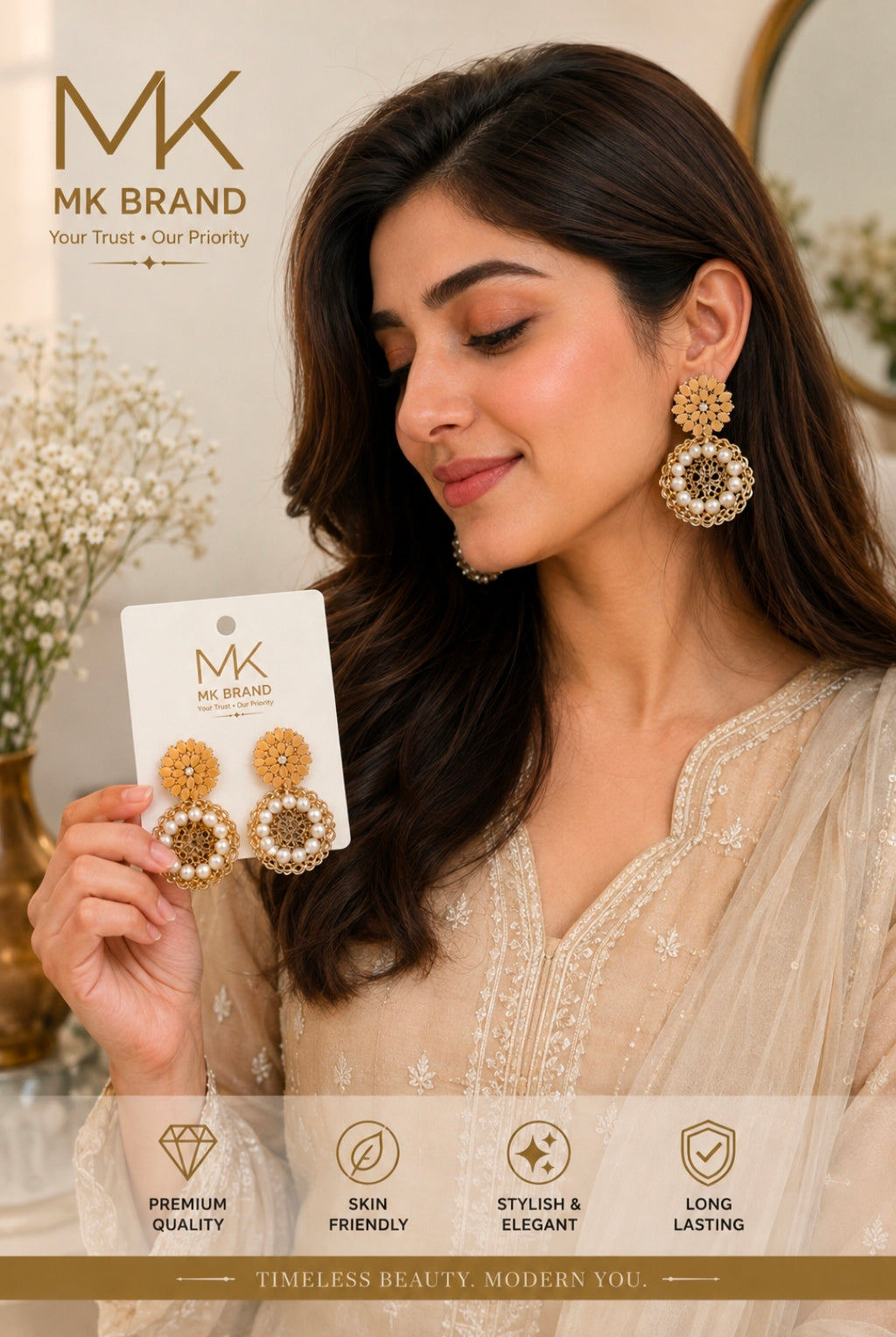 MK Elegant Gold & Pearl Statement Earrings