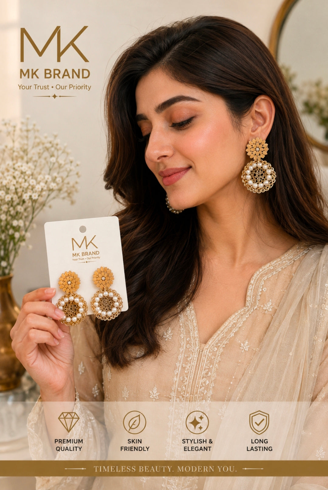 MK Elegant Gold & Pearl Statement Earrings