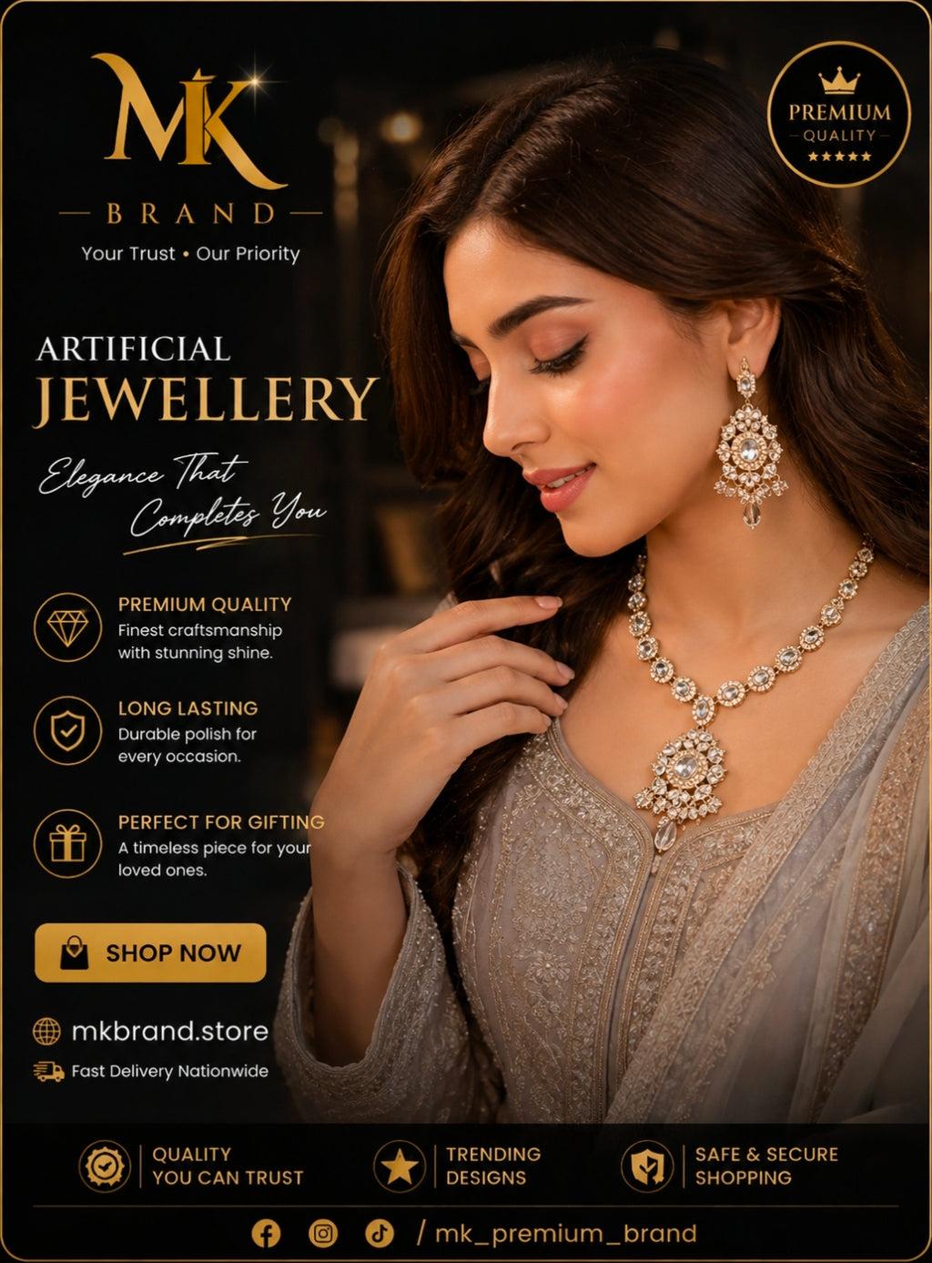 Elegant Crystal Artificial Jewellery Set – Necklace, Earrings & Tikka | MK Brand