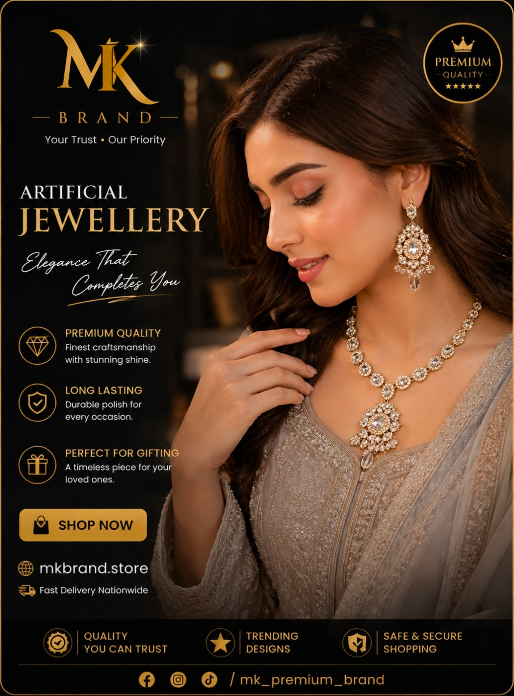 Elegant Crystal Artificial Jewellery Set – Necklace, Earrings & Tikka | MK Brand