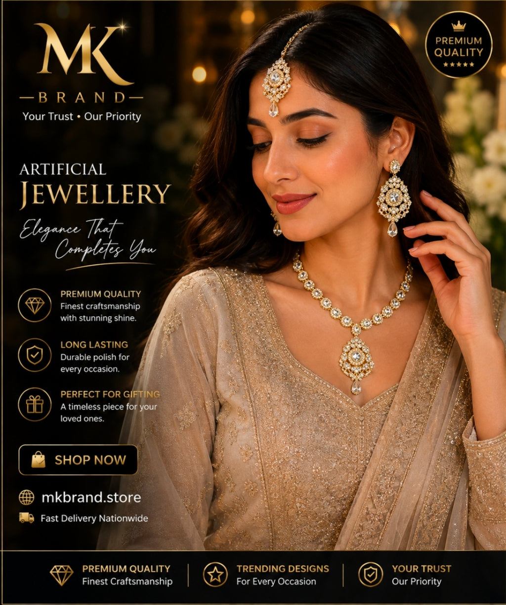 Elegant Crystal Artificial Jewellery Set – Necklace, Earrings & Tikka | MK Brand