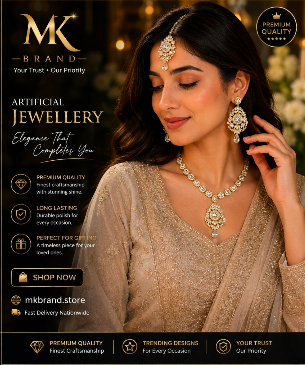 Elegant Crystal Artificial Jewellery Set – Necklace, Earrings & Tikka | MK Brand