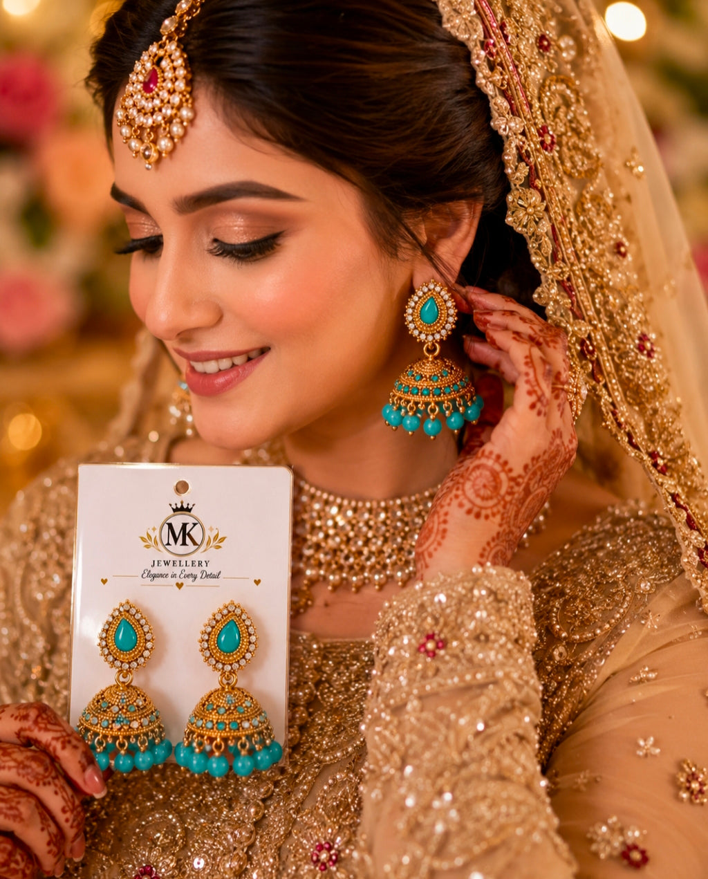 MK Turquoise Gold Jhumka Earrings – Elegant Bridal Jewellery