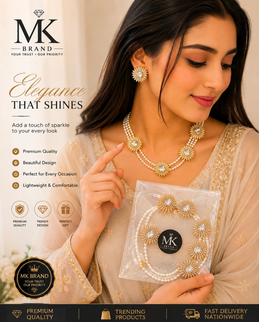Elegant Pearl & Crystal Floral Jewellery Set