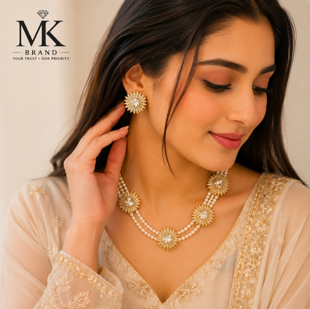 Elegant Pearl & Crystal Floral Jewellery Set