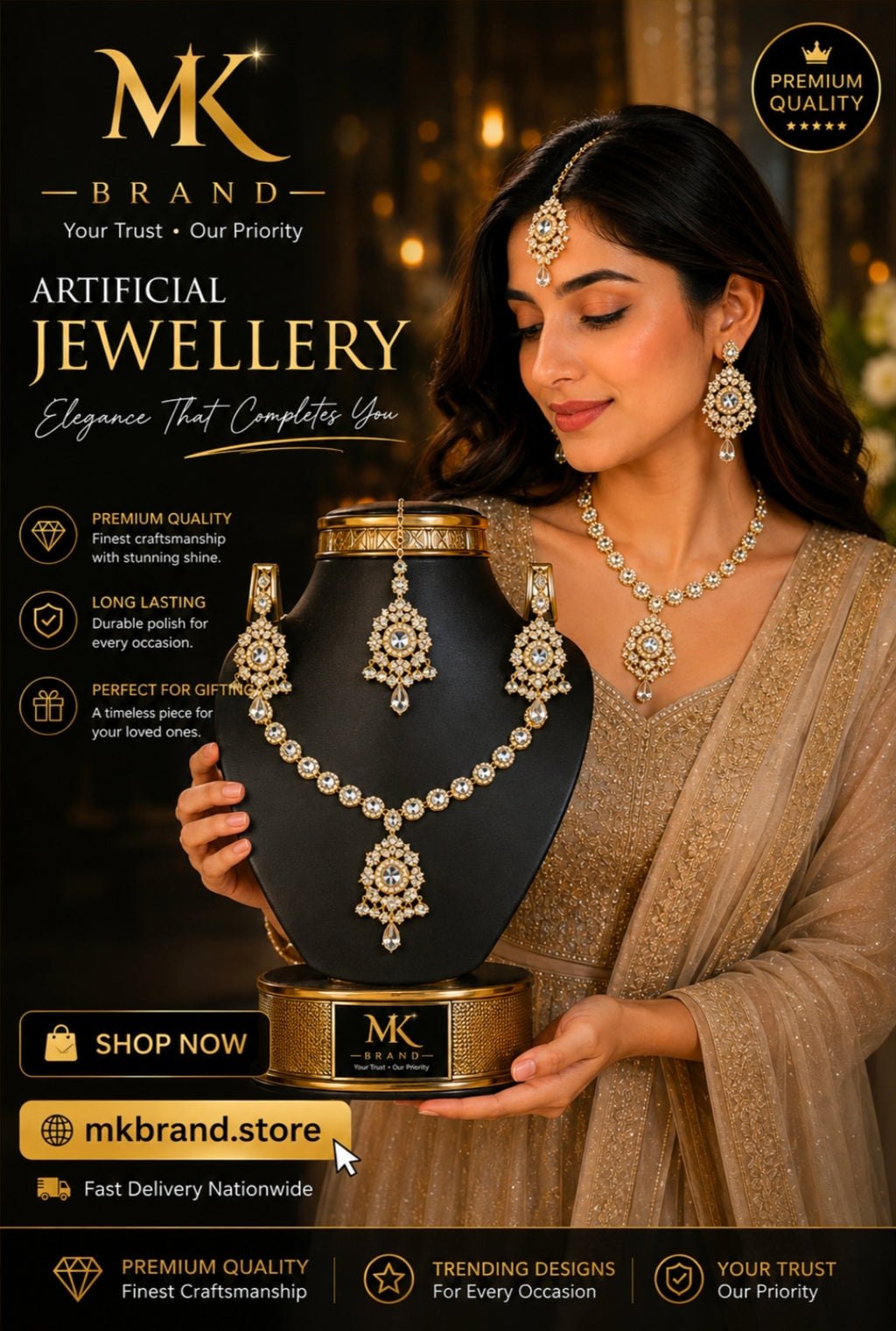 Elegant Crystal Artificial Jewellery Set – Necklace, Earrings & Tikka | MK Brand