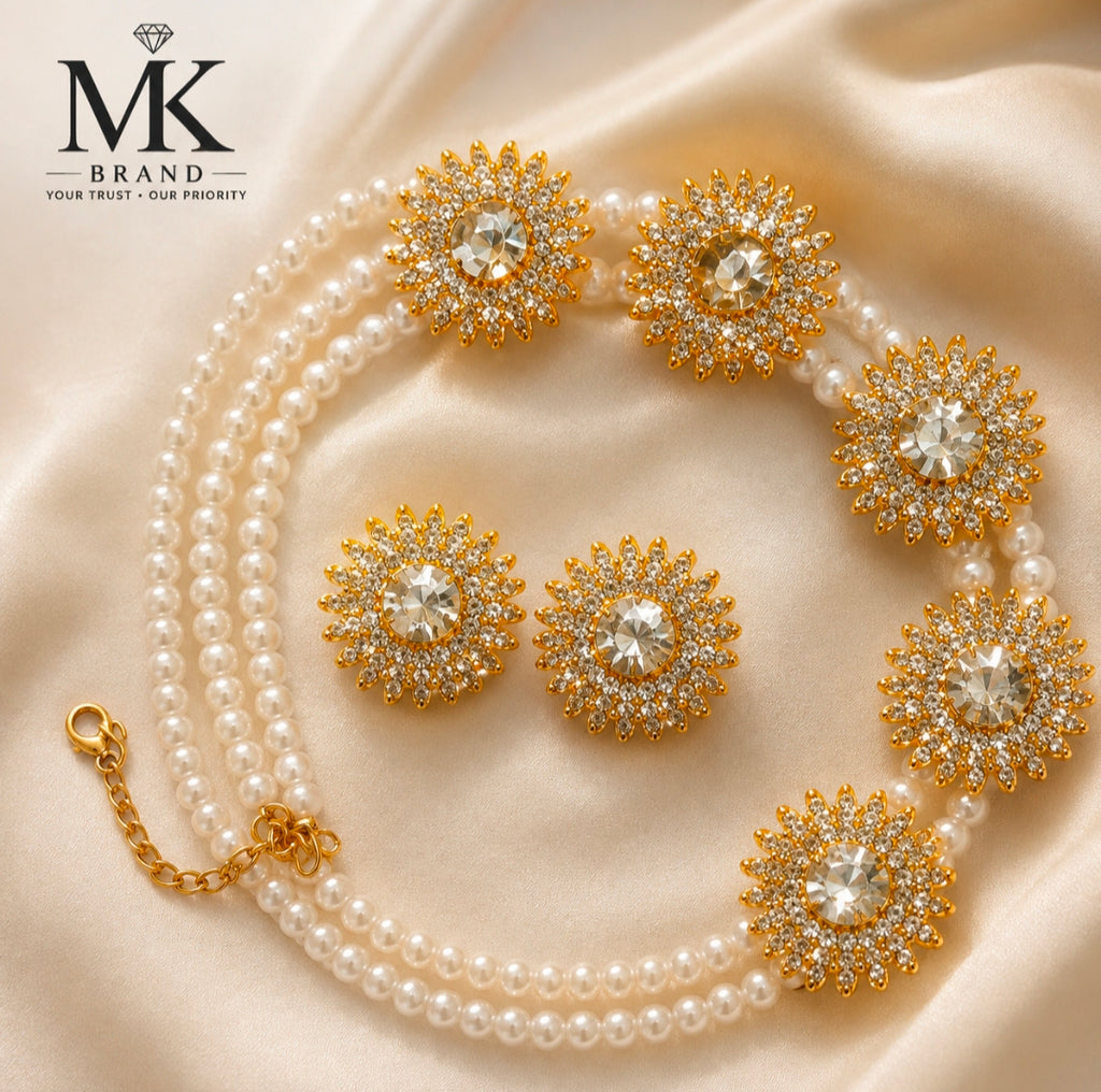 Elegant Pearl & Crystal Floral Jewellery Set
