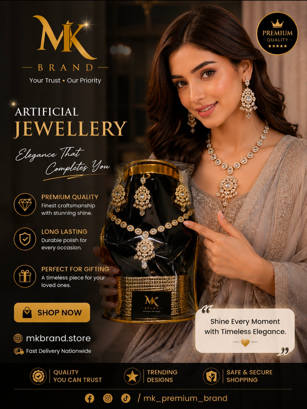 Elegant Crystal Artificial Jewellery Set – Necklace, Earrings & Tikka | MK Brand