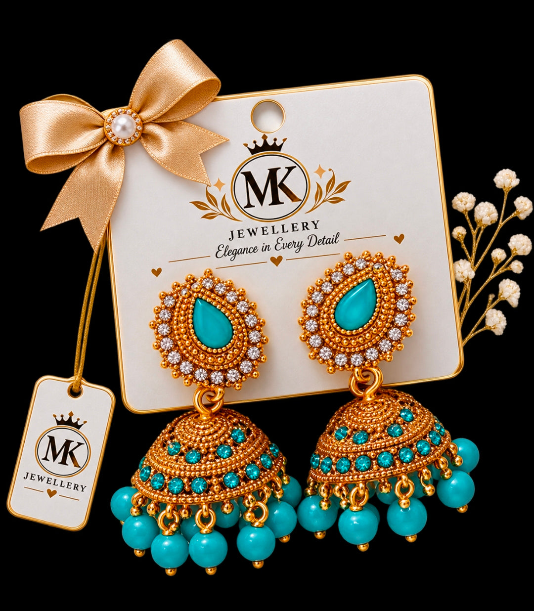 MK Turquoise Gold Jhumka Earrings – Elegant Bridal Jewellery
