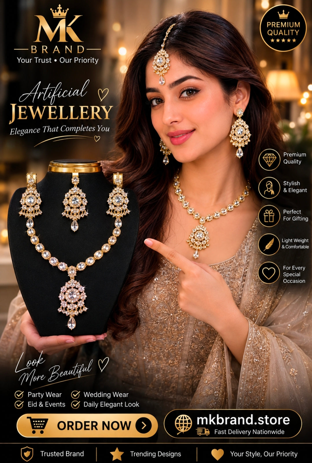 Elegant Crystal Artificial Jewellery Set – Necklace, Earrings & Tikka | MK Brand