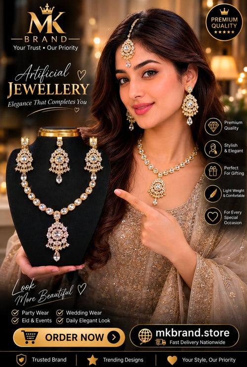 Elegant Crystal Artificial Jewellery Set – Necklace, Earrings & Tikka | MK Brand